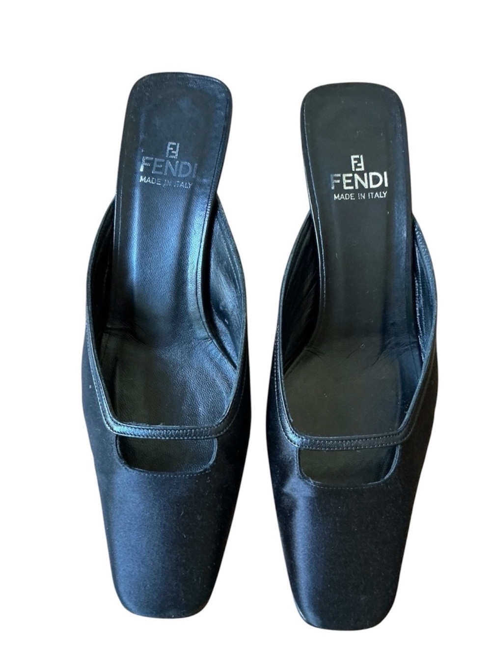 Auth Fendi Black Satin Square Toe Slip On Mules kitten heel dress shoe 8 38